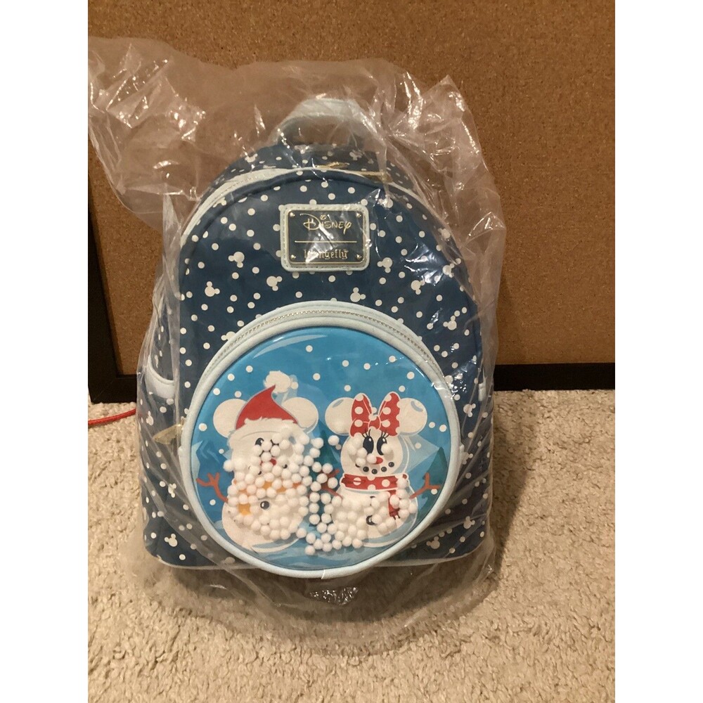 Disney Loungefly Mini Backpack Mickey & Minnie Snowglobe Snowmen Christmas